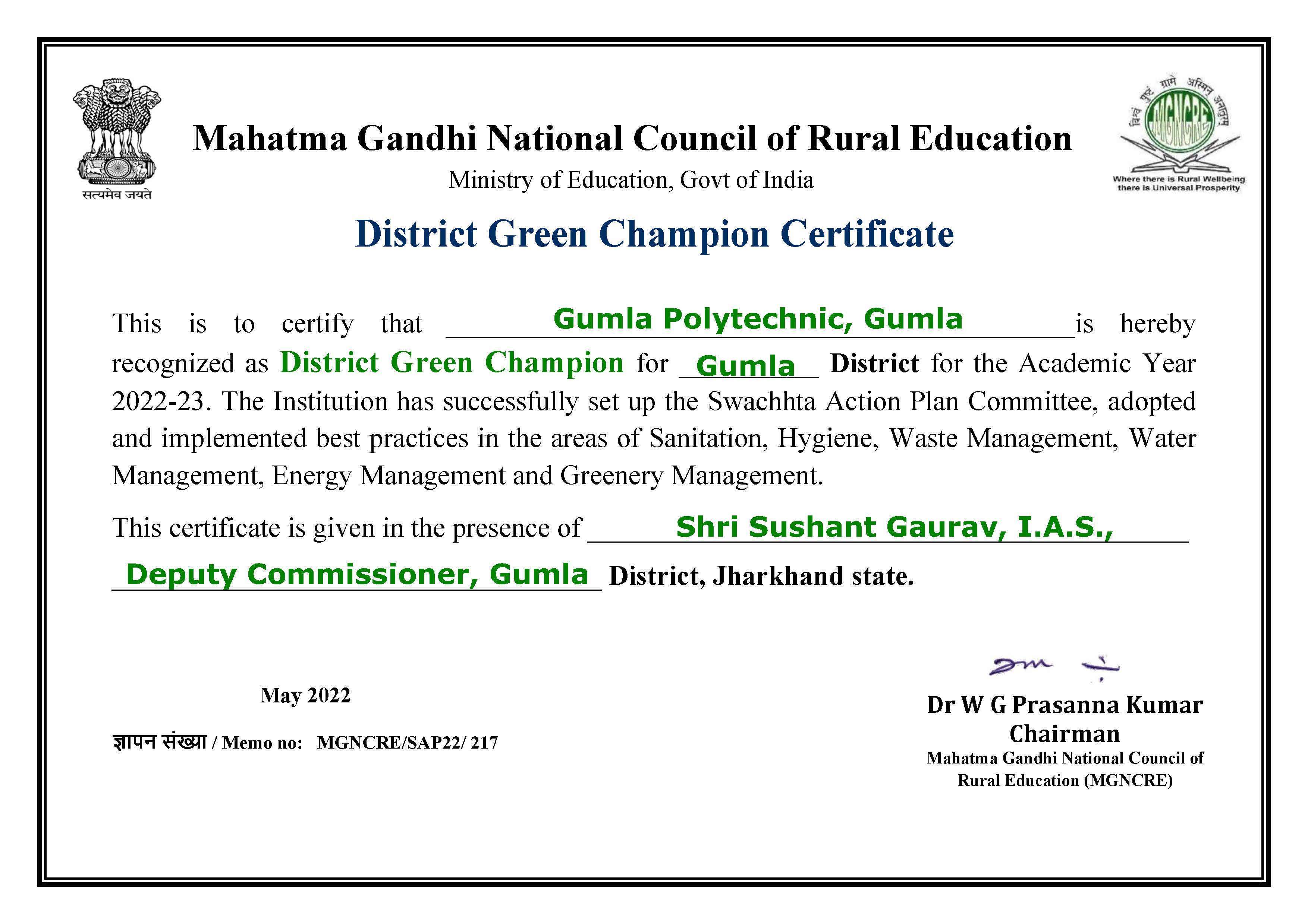 gumla polytechnic Award